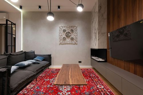 SAFAVIEH Vintage Hamadan Collection Area Rug - 8' x 10', Red & Multi, Oriental Traditional Persian Design, Non-Shedding & Easy Care, Ideal for High Traffic Areas in Living Room, Bedroom (VTH222A) in Dark Wood Living Room with Black Couch