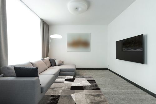 Home Dynamix Catalina Bismark Contemporary Geometric Area Rug, Grey/Black, 5'3"x7'2" in Modern Living Room with Grey Couch