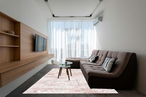 Safavieh Meadow Collection MDW585B Beige / Pink Rug - 8' x 10' in Grey Living Room with Brown Couch