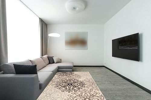 SUPERIOR Indoor Large Area Rug for Bedroom, Living/Dining Room, Entryway, Office, Farmhouse Aesthetic Floor Throw, Modern Floral Geometric Decor, Jute Backing, Leigh Collection, 5' x 8', Beige in Modern Living Room with Grey Couch