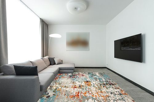 ‎Grey/Blue ‎Retro  ‎Living Room ‎Area Rug in Modern Living Room with Grey Couch