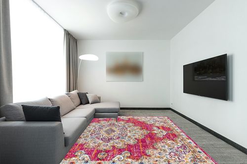 JONATHAN Y BMF104A-8 Bohemian Flair Boho Vintage Medallion Pink/Cream 8 ft. x 10 ft. Area-Rug, Vintage, Easy-Cleaning, for Bedroom, Kitchen, Living Room, Non Shedding in Modern Living Room with Grey Couch