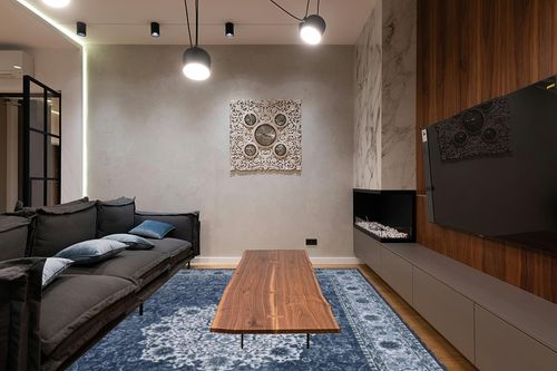 COZYLOOM 9x12 Large Area Rug Vintage for Living Room Retro Medallion Floor Cover Machine Washable Accent Rug Indoor Floral Distressed Carpet Non-Slip Thin Rug Low Pile Accent Rug Blue in Dark Wood Living Room with Black Couch