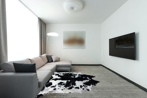 bonanza leathers Genuine Cowhide Rug Black and White Size S/L/XL 5X6/6X7/7X8 FT (L) in Modern Living Room with Grey Couch