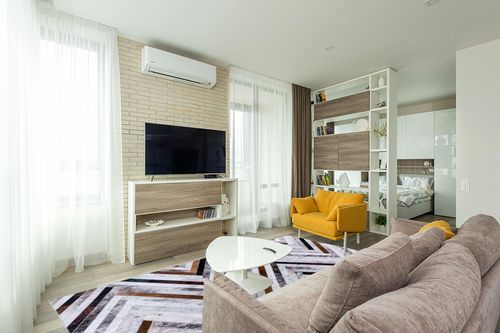 DECOMALL Coronado 8x10ft Area Rugs, Modern Geometric Faux Cowhide Patchwork Rug, Machine Washable Non Slip Carpet for Living Room Bedroom Dinning Room,8x10ft Multi in Light Modern Living Room with TV