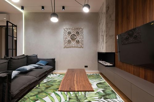 CAREMEE 8x10 Washable Area Rug Palm Tree Leaf Area Rug Indoor Throw Carpet Rug Non Slip Low Profile Non-Shedding Large Area Rug for Living Room Bedroom Kitchen, 8' x 10' Green in Dark Wood Living Room with Black Couch