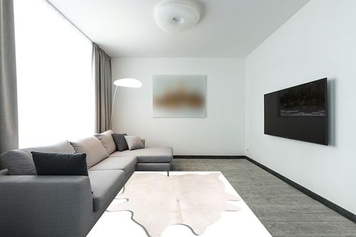 Natural Geneva Cowhide Area Rugs for Living Room and Bedroom | Handmade 100% Cow Rug with Low Pile | Shed-Resistant Home and Office Rug, Burgundy, 6 ft x 7 ft in Modern Living Room with Grey Couch