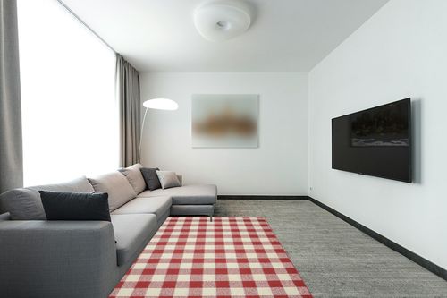 Garland Rug Country Living Buffalo Plaid Area Rug, 5-Feet by 7-Feet, Chili Red/Ivory in Modern Living Room with Grey Couch