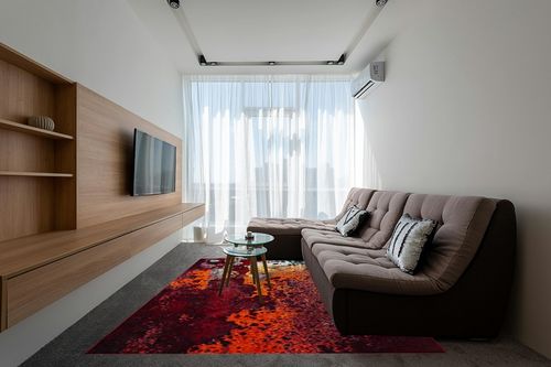 SAFAVIEH Glacier Collection 8' x 10' Red / Orange GLA124Q Modern Abstract Non-Shedding Living Room Bedroom Dining Home Office Area Rug in Grey Living Room with Brown Couch