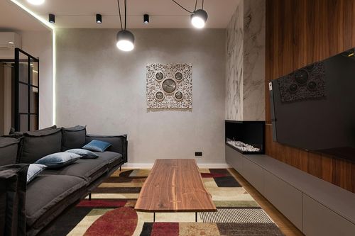 Home Dynamix Tribeca Jasmine Modern Area Rug, Abstract Brown/Green 7'10"x10'6" in Dark Wood Living Room with Black Couch