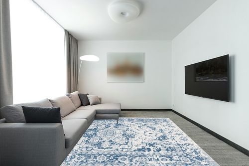 Pajata Blue Vintage 8X10 Area Rug Bohemian Floral Cover Print Distressed Carpet in Modern Living Room with Grey Couch