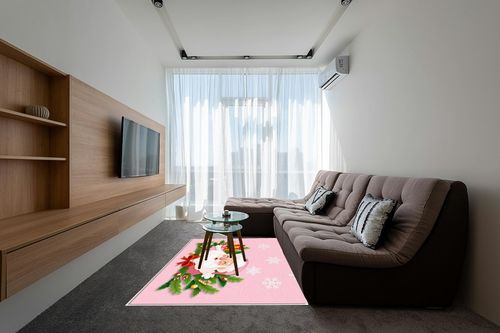 Pink Christmas Area Rug 5 x 8, Washable Bedroom Rug Non-Slip Kitchen Rugs Non Shedding Floor Cover Mat Runner Rug for Living Room Dining Room Outdoor Carpet Santa Claus Pine Needle Snowflake in Grey Living Room with Brown Couch