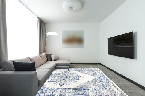 JONATHAN Y BMF107A-8 Inigo Cottage Medallion Indoor Area-Rug Bohemian Vintage Floral Easy-Cleaning High Traffic Bedroom Kitchen Living Room Non Shedding, 8 ft x 10 ft, Blue in Modern Living Room with Grey Couch