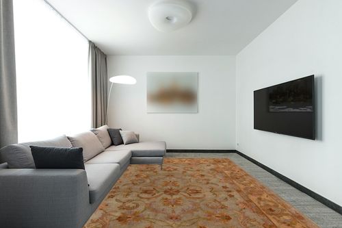 SAFAVIEH Heritage Collection Area Rug - 9' x 12', Green & Gold, Handmade Traditional Oriental Wool, Ideal for High Traffic Areas in Living Room, Bedroom (HG811A) in Modern Living Room with Grey Couch