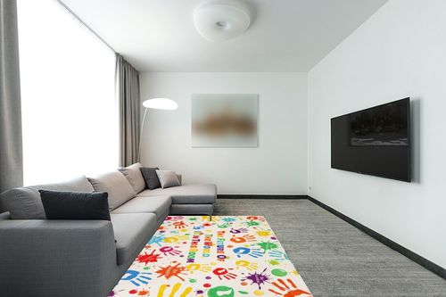 LTKOUGFAM Colorful Kids Rug, Washable Rug for Kids, Handprints Area Rugs for Kids Bedroom, Non-Slip Play Mat Ultra Soft Thick Indoor Plush Rugs for Playroom Classroom Nursery Decor (59 X 39.4 INCH) in Modern Living Room with Grey Couch