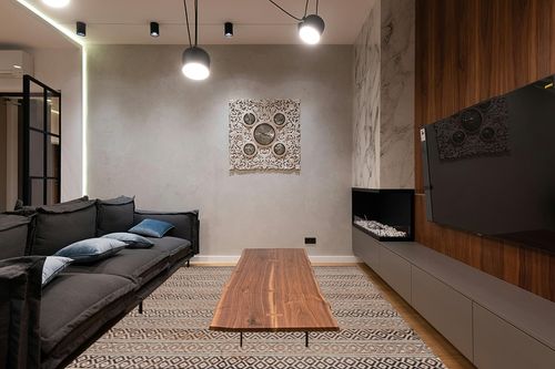 SAFAVIEH Natural Fiber Collection Area Rug - 8' x 10', Black & Natural, Flat Weave Farmhouse Geometric Jute Design, Ideal for High Traffic Areas in Living Room, Bedroom (NF379Z) in Dark Wood Living Room with Black Couch