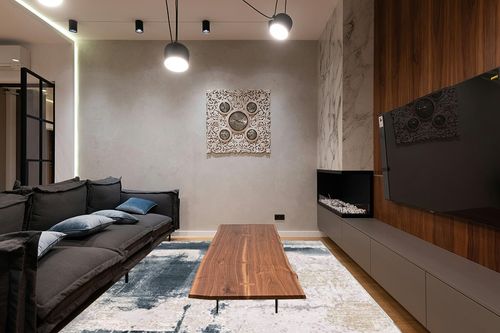 RUG BRANCH Silvia Contemporary Scandinavian Blue Beige Indoor Area Rug for Living Room, Bedroom, Dining Room, and Kitchen - 9' x 12' (9' X 12'3") in Dark Wood Living Room with Black Couch