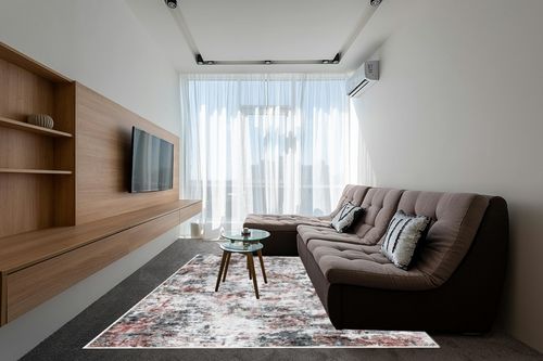 Miukiki 8x10 Area Rugs, Modern Abstract Washable Rug for Living Room, Stain Resistant Non-Shedding Distressed Area Rug with Non Slip Backing for Bedroom (Red/Grey, 8'x10') in Grey Living Room with Brown Couch