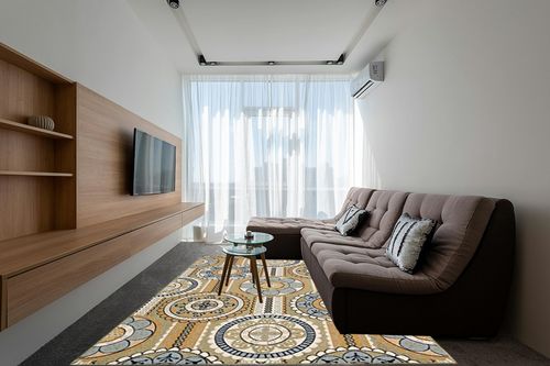 Nourison Caribbean Indoor Outdoor Area Rug, 7'10" x 10'6", Yellow in Grey Living Room with Brown Couch