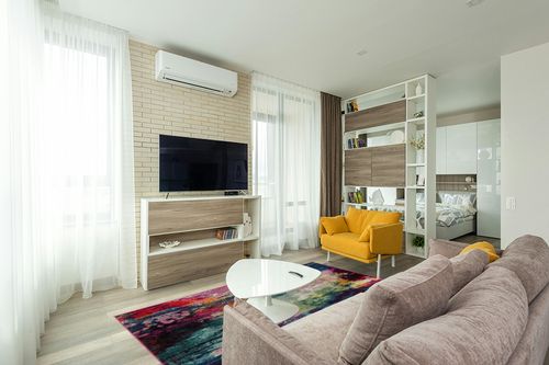 Unique Loom Chromatic Collection Modern Colorful & Vibrant Abstract Area Rug for Any Home Décor, 5 ft x 8 ft, Multi/Light Blue in Light Modern Living Room with TV