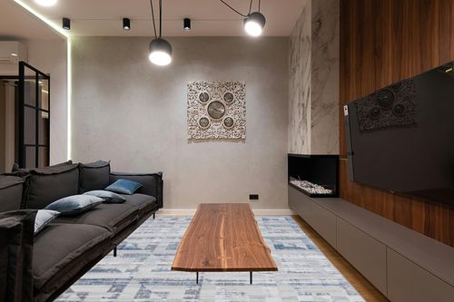 LUXE WEAVERS Modern Geometric Blue 8x10 Area Rug, Blue and Gray Abstract Shapes Carpet for Living Room and Bedroom in Dark Wood Living Room with Black Couch