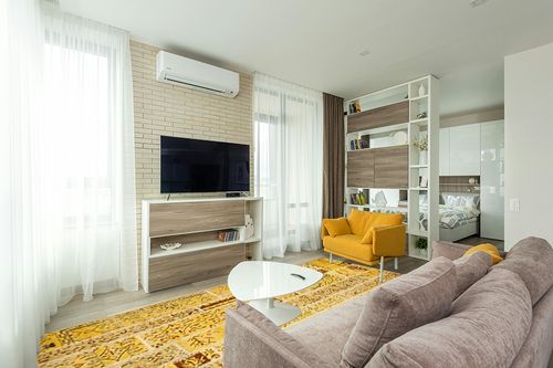 SAFAVIEH Monaco Collection Area Rug - 8' x 11', Yellow & Multi, Modern Patchwork Distressed Design, Non-Shedding & Easy Care, Ideal for High Traffic Areas in Living Room, Bedroom (MNC216K) in Light Modern Living Room with TV