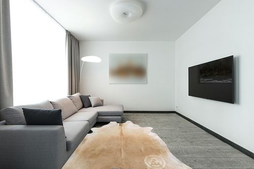 Sunshine Cowhides Genuine Palomino Beige Cowhide Rug - Luxurious Cow Rug for Bedroom, Living Room, and Home Decor Enthusiasts - Masterpiece of Style and Functionality - XL 6x7-8ft (180x240cm) in Modern Living Room with Grey Couch