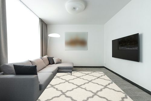 SAFAVIEH Dallas Shag Collection Area Rug - 8' x 10', Ivory & Grey, Trellis Design, Non-Shedding & Easy Care, 1.5-inch Thick Ideal for High Traffic Areas in Living Room, Bedroom (SGD257F) in Modern Living Room with Grey Couch