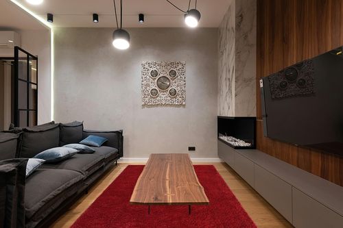 Red Shag Rug 6'x9' in Dark Wood Living Room with Black Couch