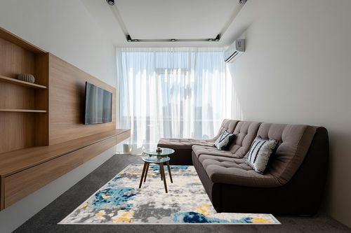 Cream Contemporary Soft Living Room Area Rug in Grey Living Room with Brown Couch