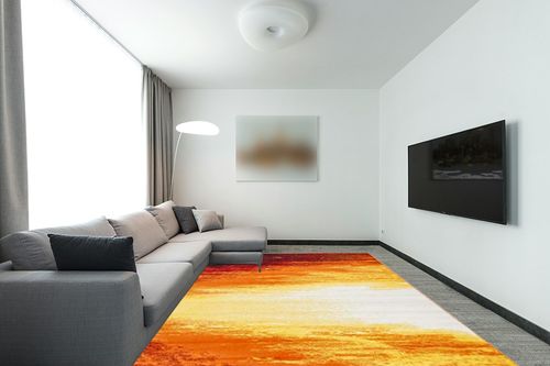 SAFAVIEH Metro Collection Contemporary Abstract Bright Warm Candle Light Area Rug, 9 ft x 12 ft, Orange/Yellow in Modern Living Room with Grey Couch
