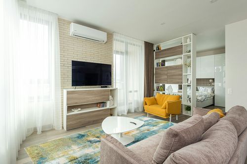 JONATHAN Y CTP100A-8 Contemporary POP Modern Abstract Waterfall Blue/Cream 8 ft. x 10 ft. Area-Rug, Bohemian, Easy-Cleaning, for Bedroom, Kitchen, Living Room, Non Shedding in Light Modern Living Room with TV