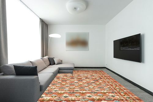 Loloi Rifle Paper Co. x Courtyard Terracotta 8'-6" x 11'-6" Area Rug in Modern Living Room with Grey Couch