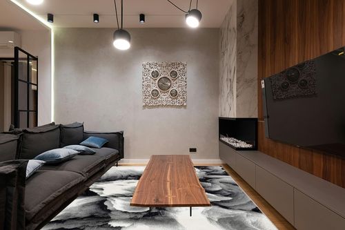 Abani Rugs Modern 7'9" x 10'2" Black & White Floral Swirl Area Rug - Contemporary Geometric 3D Rug, Arto Collection in Dark Wood Living Room with Black Couch