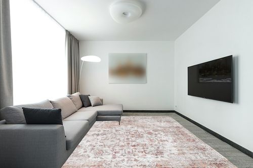 Bloom Rugs Washable Non-Slip 9' x 12' Rug - Ivory/Blush Traditional Area Rug for Living Room, Bedroom, Dining Room, and Kitchen - Exact Size: 9' x 12' in Modern Living Room with Grey Couch