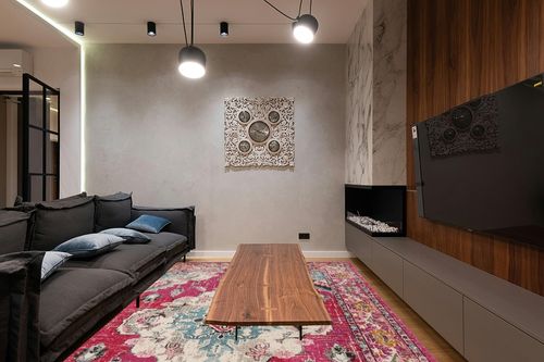 SAFAVIEH Monaco Collection Area Rug - 9' x 12', Pink & Multi, Boho Chic Medallion Distressed Design, Non-Shedding & Easy Care, Ideal for High Traffic Areas in Living Room, Bedroom (MNC243D) in Dark Wood Living Room with Black Couch