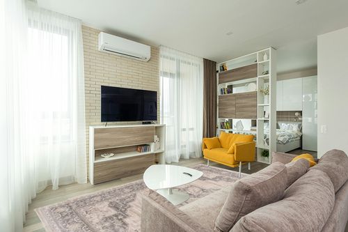 SAFAVIEH Brentwood Collection Area Rug Rectangle - 8' x 10', Cream & Grey, Medallion Distressed Design, Non-Shedding & Easy Care, Ideal for High Traffic Areas in Living Room, Bedroom (BNT865B) in Light Modern Living Room with TV