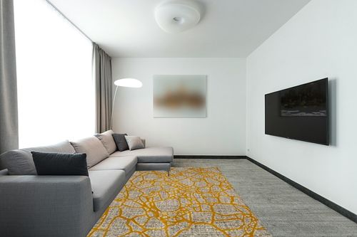 SAFAVIEH Porcello Collection 6'7" Square Light Grey / Yellow PRL7737C Modern Abstract Non-Shedding Living Room Bedroom Dining Home Office Area Rug in Modern Living Room with Grey Couch