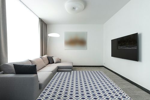 Nourison Grafix Mid-century White/Navy 7'10" x 9'10" Area -Rug, Easy -Cleaning, Non Shedding, Bed Room, Living Room, Dining Room, Kitchen (8x10) in Modern Living Room with Grey Couch