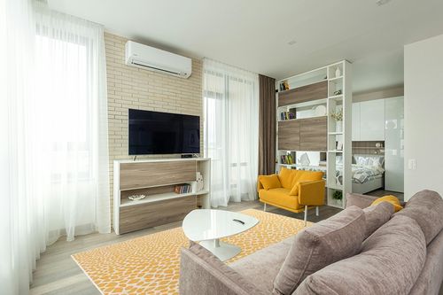 Unique Loom Jill Zarin Outdoor Collection Area Rug - Cape Town (6' x 9' Rectangle Yellow Ivory/Ivory) in Light Modern Living Room with TV