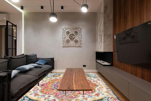 Orange Traditional Stain Resistant Living Room Area Rug in Dark Wood Living Room with Black Couch