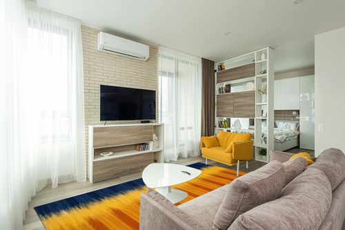 SAFAVIEH Kilim Collection Area Rug - 8' x 10', Dark Blue & Yellow, Handmade Flat Weave Wool, Ideal for High Traffic Areas in Living Room, Bedroom (KLM821B) in Light Modern Living Room with TV