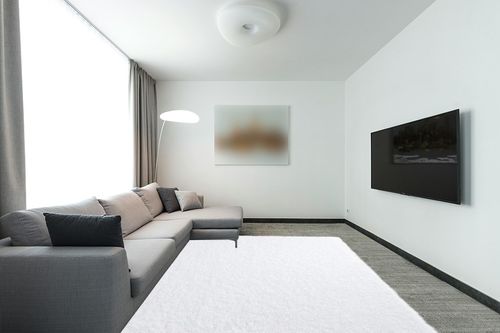 HOMBYS Shaggy Area Rug 8x10 Feet, Ultra Soft Large Plush Faux Fur Carpet, Non-Skid Bedroom Living Room Rug for Kids Playroom Home Decor, White in Modern Living Room with Grey Couch