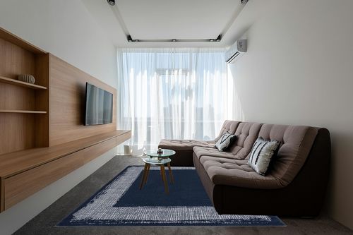 CAMILSON Navy Blue Area Rug 7'10" x 10', Easy-Cleaning Non-Shedding, Bordered for Living Room, Bedroom, Dining Room Navy Blue/Cream Indoor Area Rugs (8x10) in Grey Living Room with Brown Couch