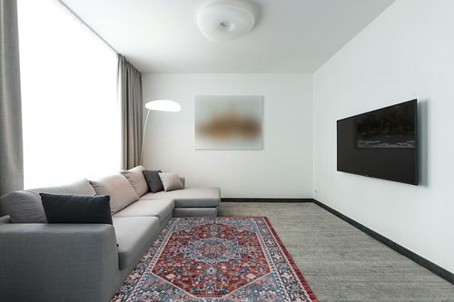 Safavieh Bayside Collection Area Rug - 5'3" x 7'6", Red & Blue, Traditional Oriental Design, Non-Shedding & Easy Care, Machine Washable Ideal for High Traffic Areas in Living Room, Bedroom (BAY110Q) in Modern Living Room with Grey Couch