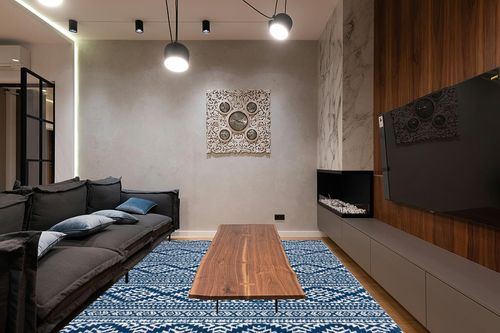 SAFAVIEH Tulum Collection Area Rug - 8' x 10', Navy & Ivory, Moroccan Boho Tribal Design, Non-Shedding & Easy Care, Ideal for High Traffic Areas in Living Room, Bedroom (TUL272N) in Dark Wood Living Room with Black Couch