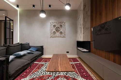 Restoration and Renovation Modern Leopard Wool Rug with Persian Background | Handmade, Animal Print Cheetah Area Carpet for Living Room, Bedroom and Kitchen Decor (4' x 6', Rust) in Dark Wood Living Room with Black Couch