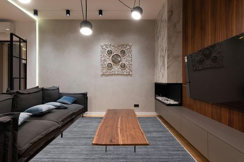 SAFAVIEH Vision Collection Area Rug - 8' x 10', Grey, Modern Ombre Tonal Chic Design, Non-Shedding & Easy Care, Ideal for High Traffic Areas in Living Room, Bedroom (VSN606D) in Dark Wood Living Room with Black Couch