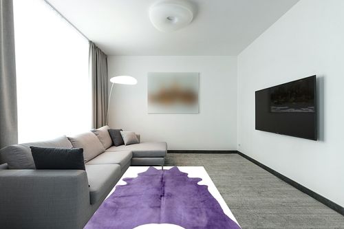 Natural Geneva Cowhide Area Rugs for Living Room and Bedroom | Handmade 100% Cow Rug with Low Pile | Shed-Resistant Home and Office Rug, Purple, 5 ft x 7 ft in Modern Living Room with Grey Couch