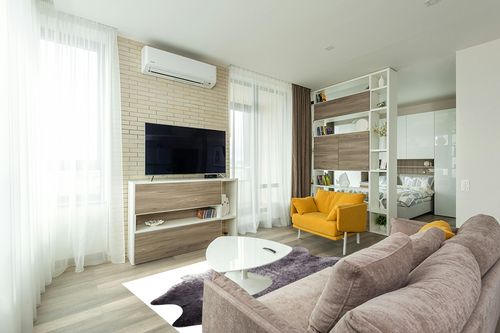 Faux Cowhide Printed (Hairless) Rug 5ft x 6.5ft, Black and White Brindle in Light Modern Living Room with TV